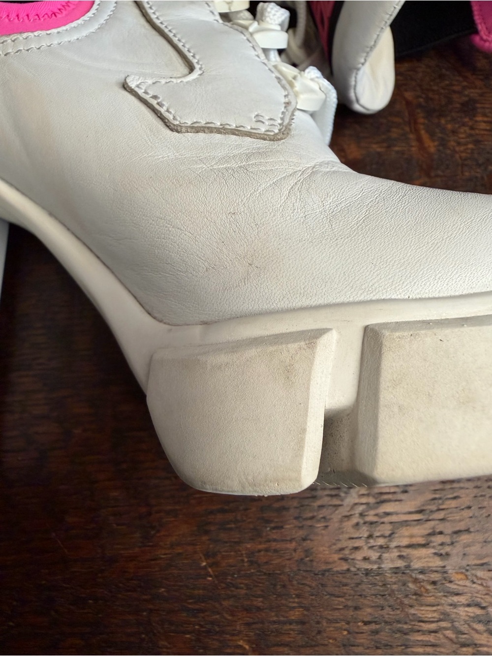 Prada White Leather & Neon Pink Neoprene Chunky Heel Lace Up Boots IT 6.5 - Picture 11 of 16